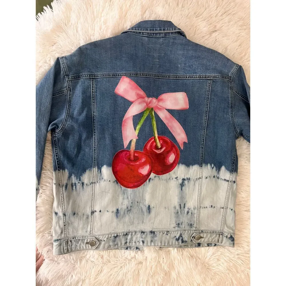 ☀️L.T.J. Letter to Juliet Dip Dye Pink Bow Cherries Denim Jean Jacket Size Small